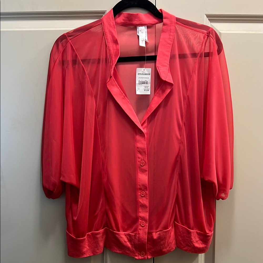Topica Coral/Orange Sheer Button-Up Blouse Size L